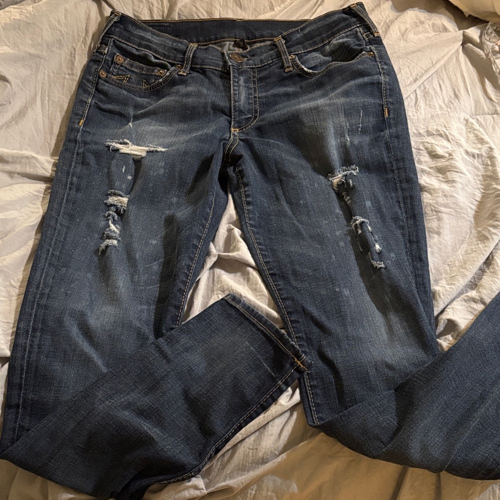 True Religion Jeans Dark Blue Distressed Skinny Low rise Excellent Condition 29